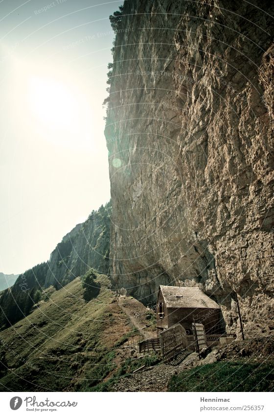 Road duty. Summer Mountain Hiking Climbing Mountaineering Landscape Rock Alps Hut Lanes & trails Stone Wood Old Threat Small Brown Green Protection Loneliness