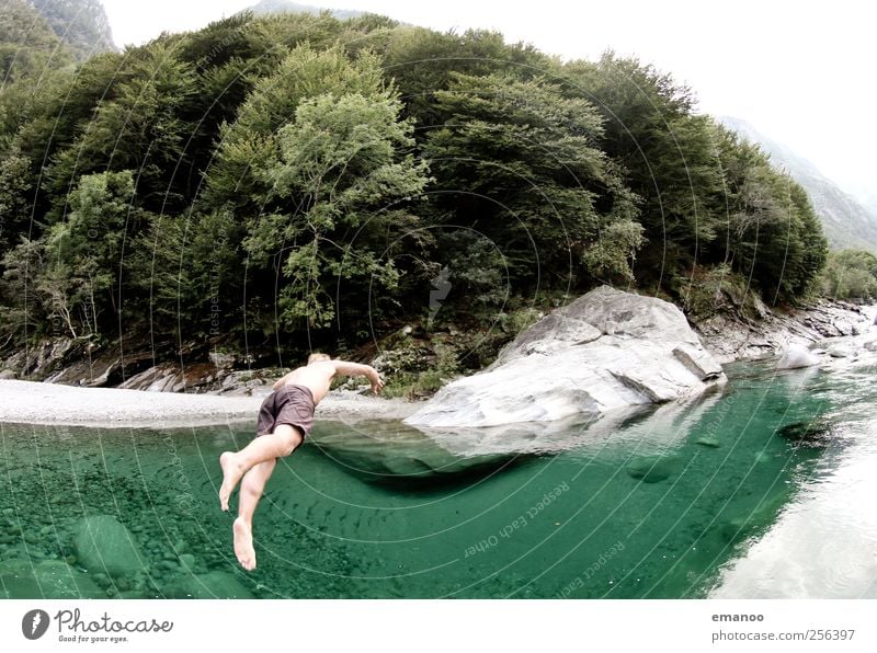 Jump into the green Lifestyle Style Joy Vacation & Travel Trip Summer Summer vacation Mountain Human being Masculine 1 Nature Landscape Water Rock Alps Canyon