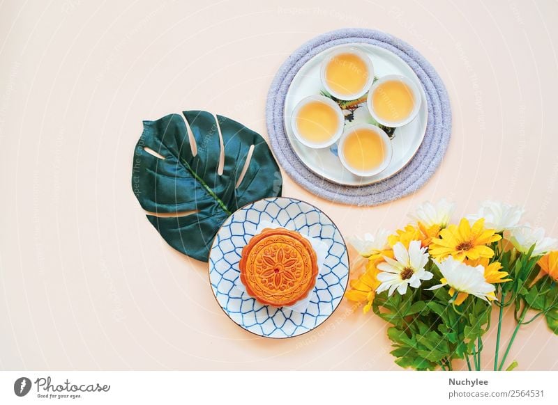 Flat lay of chinese moon cake Dessert Tea Style Design Happy Beautiful Decoration Feasts & Celebrations Art Culture Plant Flower Leaf Fashion Fresh Hot