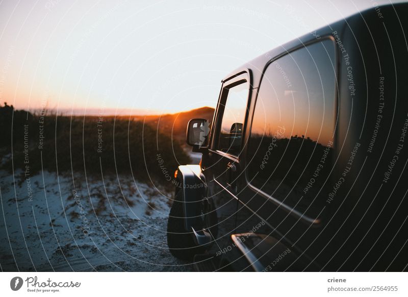 close up of modern truck parking in sanddune by sunset Lifestyle Design Beautiful Vacation & Travel Trip Summer Sun Beach Ocean Sand Sky Horizon Grass Coast