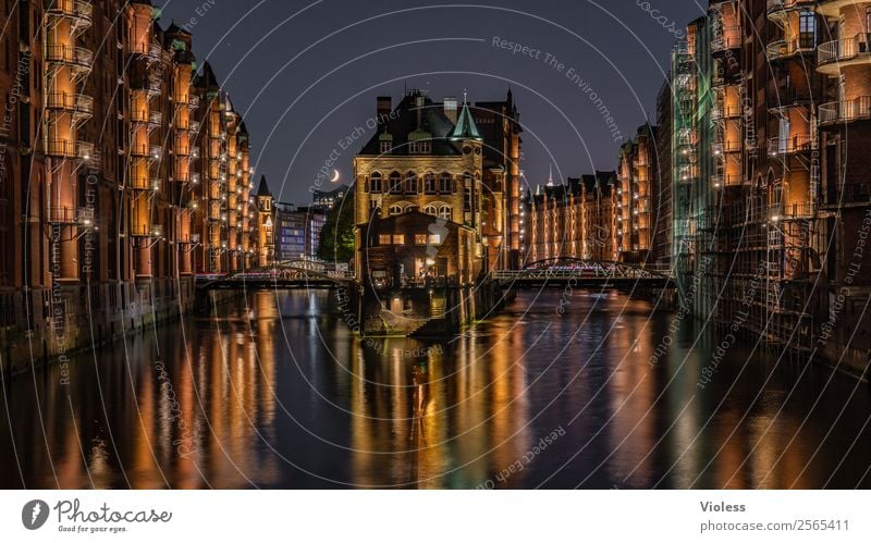 Moated castle Hamburg Speicherstadt IV Twilight Wide angle bridge Castle Night shot Old warehouse district Port of Hamburg Illumination Illuminate Red Maritime