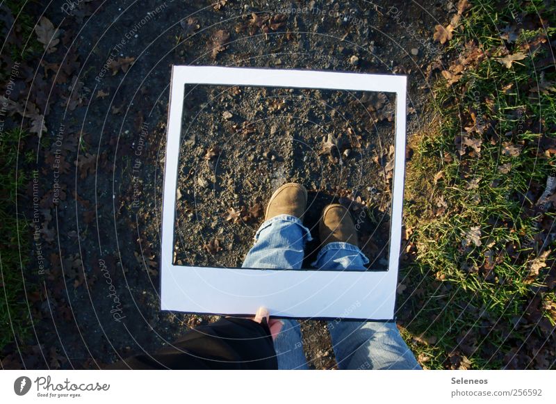 instant camera Human being Feet 1 Environment Autumn Plant Grass Garden Park Meadow Jeans Footwear To hold on Stand Take a photo Polaroid Instant camera Paper