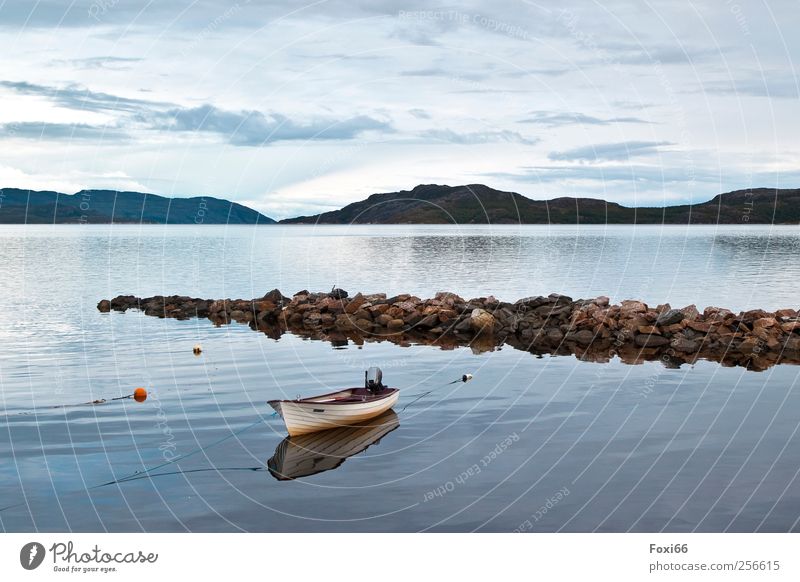 In the safe harbour Vacation & Travel Far-off places Summer Ocean Environment Nature Water Clouds Hill Mountain Coast Bay Port City Navigation Fishing boat