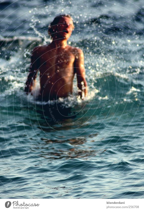 Air out! Elegant Body Freedom Baptism Human being Young man Youth (Young adults) Upper body 1 Water Drops of water Sun Summer Swimming trunks Breathe