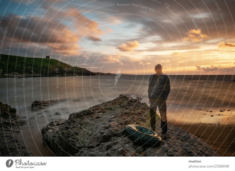 the old man and the sea Masculine Man Adults 1 Human being Nature Landscape Sky Cloudless sky Horizon Sunrise Sunset Summer Beautiful weather Grass Hill Rock