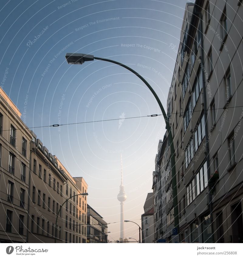 Between the facades a direct view of the Berlin TV tower Cloudless sky Downtown Berlin Capital city Tower Facade Housefront Landmark Berlin TV Tower