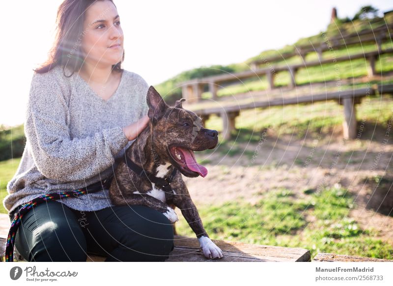 young woman sitting with her dog Lifestyle Happy Beautiful Woman Adults Friendship Nature Animal Grass Park Pet Dog Smiling Cute Green Trust Safety Protection