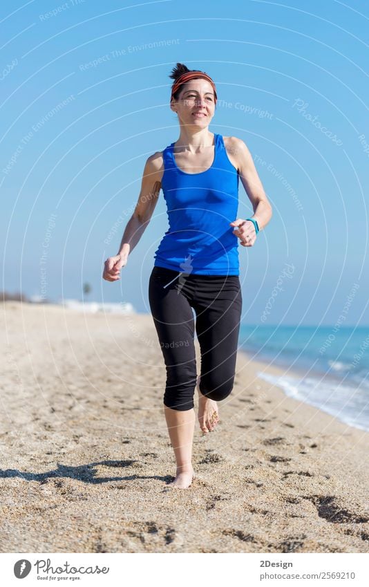 Woman Exercising On Beach ( running ) Happy Vacation & Travel Summer Ocean Sports Jogging Retirement Human being Feminine Young woman Youth (Young adults)