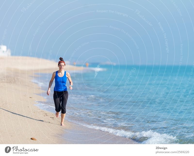 Woman Exercising On Beach ( running ) Happy Vacation & Travel Summer Ocean Sports Jogging Retirement Human being Feminine Young woman Youth (Young adults)