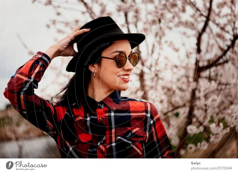 Girl Style Happy Beautiful Face Garden Human being Woman Adults Nature Tree Flower Blossom Park Fashion Sunglasses Hat Brunette Smiling Happiness Fresh Long