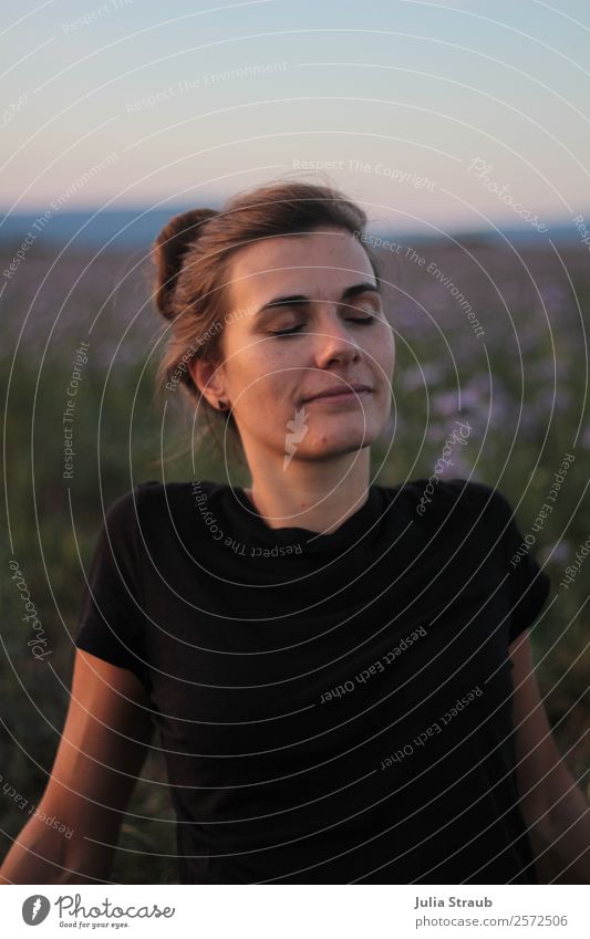 Woman lying on lavender field in summer evening light Feminine Adults 1 Human being 30 - 45 years Sky Sunlight Summer Beautiful weather Flower Grass Meadow