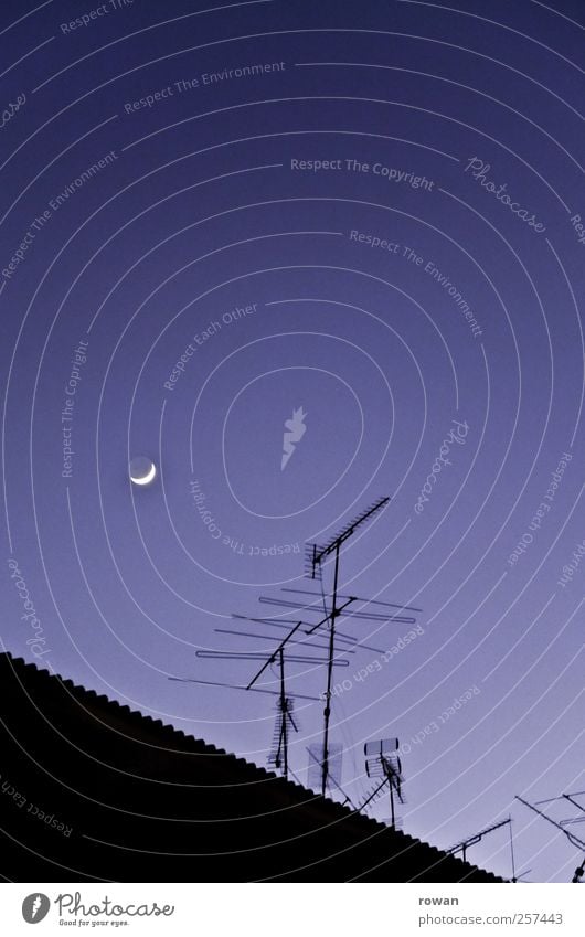 good night Sky Cloudless sky Night sky Moon Living or residing Antenna Radio technology Roof Sleep Dark Blue City life Colour photo Exterior shot Deserted