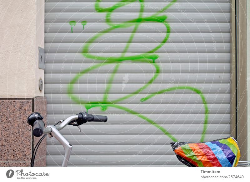 Citybike - partial view Bicycle Town House (Residential Structure) Wall (barrier) Wall (building) Stone Metal Plastic Graffiti Line Multicoloured Gray Green