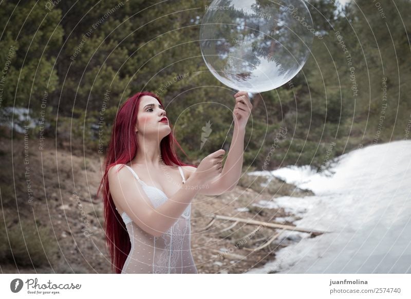 Girl in the snow redhead with a transparent ball Style Joy Beautiful Face Winter Snow Human being Woman Adults Nature Landscape Forest Fashion Red-haired Cute