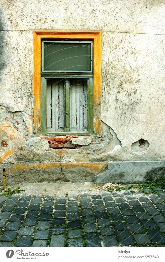 old but beautiful Wall (barrier) Wall (building) Facade Window Old Authentic Broken Decline Transience Change Yellow Green Poverty Tumbledown 1 Paving stone