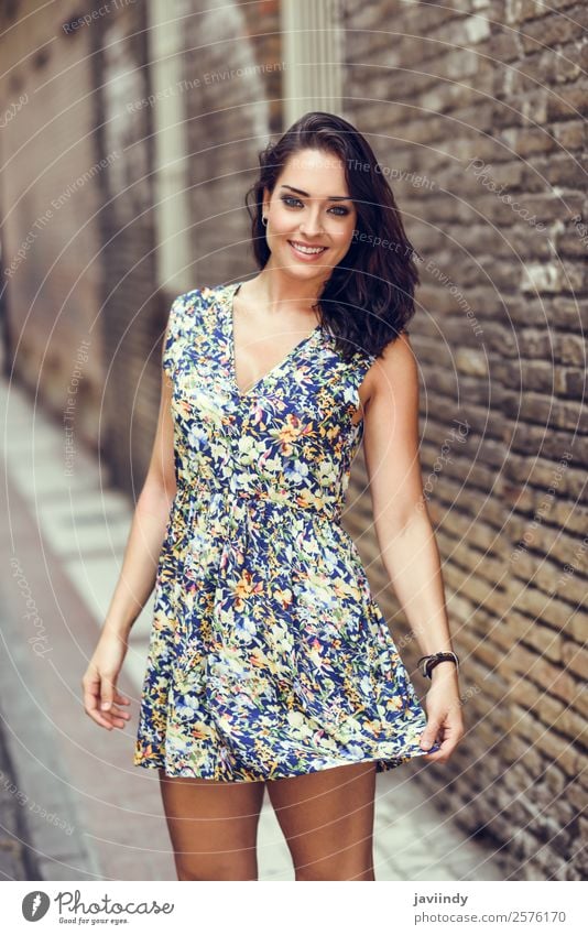 Girl with blue eyes smiling on brick wall. Lifestyle Style Happy Beautiful Hair and hairstyles Summer Human being Feminine Young woman Youth (Young adults)