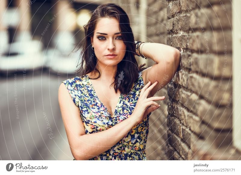 Girl with blue eyes standing next to brick wall outdoors Lifestyle Style Beautiful Hair and hairstyles Summer Human being Feminine Young woman