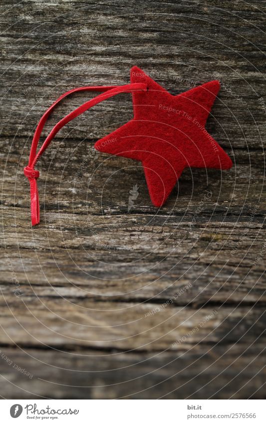 Merry Christmas, dears! Red star made of felt with ribbon, lies on old wood in vintage style. Red poinsettia, as decoration on rustic brown wooden board. Felt fabric star as a shield, Christmas tree pendant, blank, decoration for the Advent season.