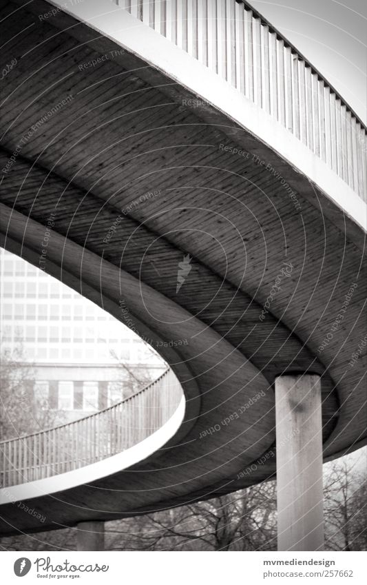 Way up Town Bridge Stairs Traffic infrastructure Overpass Power Bridge pier Sidewalk Duesseldorf Black & white photo Exterior shot