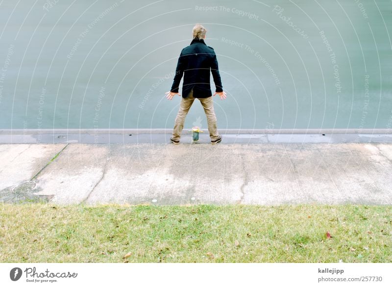 City, Country, River Masculine Man Adults 1 Human being Environment Nature Landscape Coast River bank Pants Coat Stand Wait Spree Jetty Harbour Suicide victim