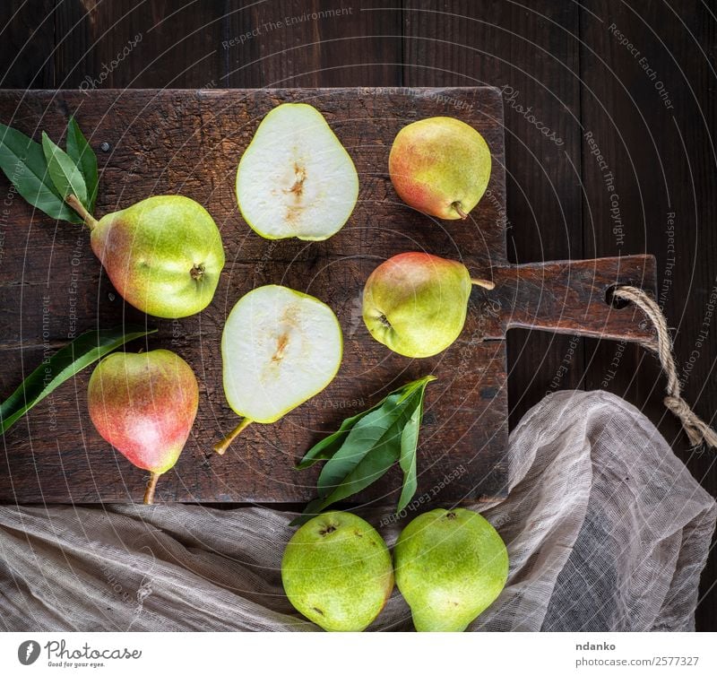 fresh ripe green pears Fruit Vegetarian diet Diet Table Leaf Wood Eating Fresh Delicious Natural Juicy Yellow Green Pear Rustic Vantage point Top Organic food