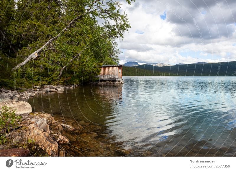 Small hut at the lake Vacation & Travel Tourism Adventure Far-off places Freedom Camping Summer Nature Landscape Water Clouds Tree Forest Lakeside Hut