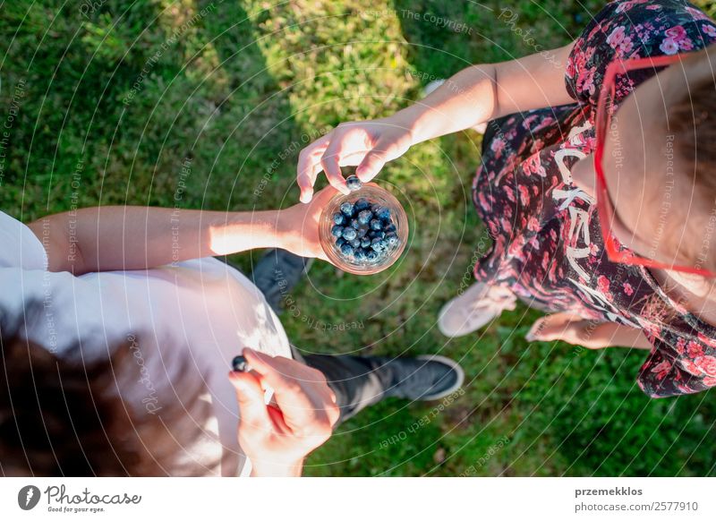 Girl and boy enjoying eating the fresh blueberries outdoors Food Fruit Dessert Nutrition Eating Organic produce Vegetarian diet Diet Glass Lifestyle Summer