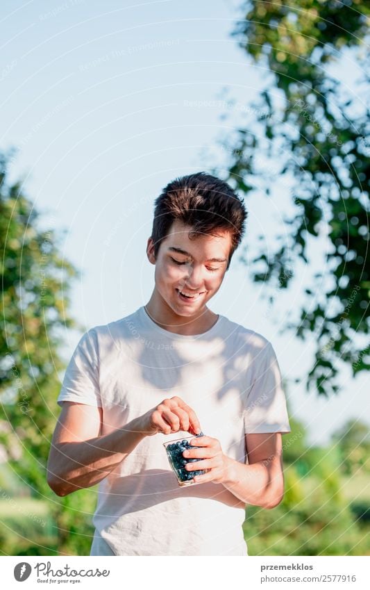 Young boy enjoying eating the fresh blueberries Food Fruit Nutrition Eating Organic produce Vegetarian diet Glass Lifestyle Joy Summer Garden Human being