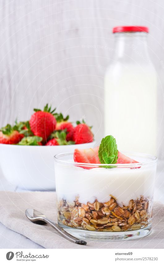 Yogurt with cereals and strawberries Yoghurt Cereals Strawberry Breakfast Fruit Healthy Healthy Eating Glass Vegetarian diet Meal Mature Berries Milk Dessert