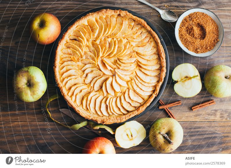 Traditional apple tart Fruit Apple Dessert Breakfast Winter Table Autumn Warmth Wood Fresh Delicious Pie cake Baked goods sweet puff pastry custard