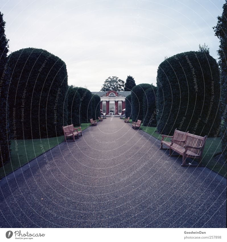 Go ahead, it'll take time... Environment Park Town Capital city Downtown Old town Deserted Dream house Simple Free Cold Moody Symmetry Bench Palace Colour photo