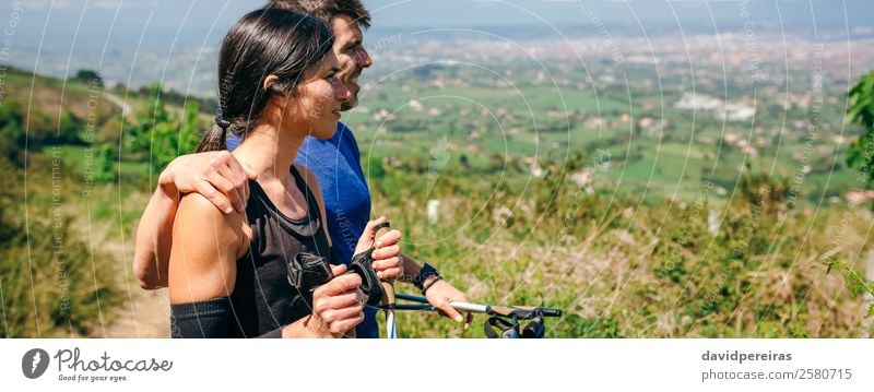 Couple stopping to look the views while doing trail Lifestyle Adventure Sports Human being Woman Adults Man Nature Landscape Lanes & trails Observe Smiling