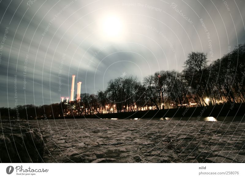 out and about at night Nature Landscape Clouds Night sky Park River bank Munich Deserted Industrial plant Factory Manmade structures Building