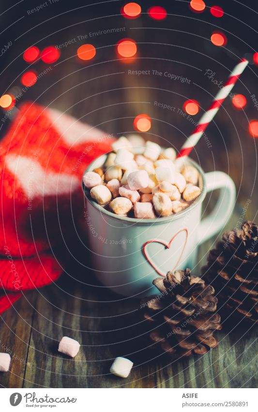 Christmas hot chocolate with socks and pine cones Breakfast Beverage Hot Chocolate Winter Warmth Wood Heart Delicious Red Tradition marshmallows mug Pine cone