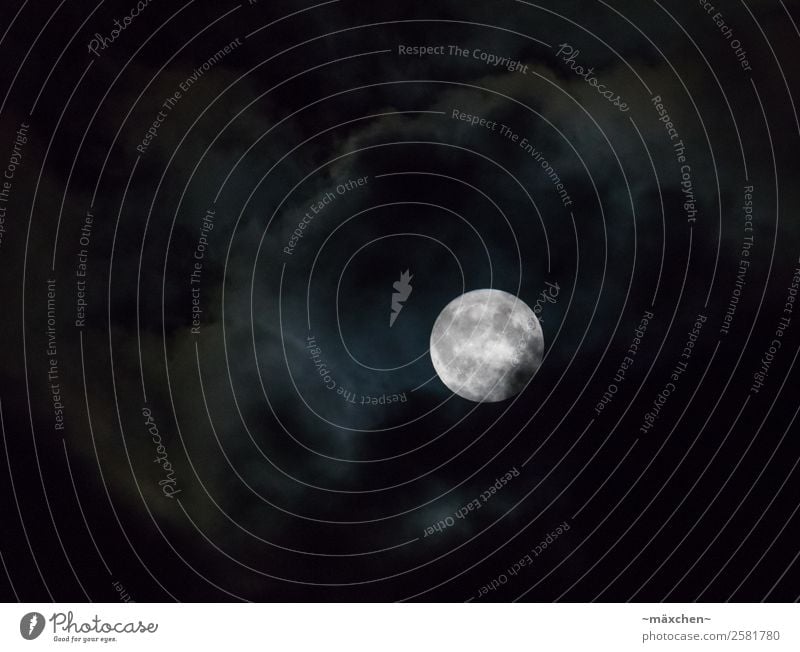 Full moon in clouds Clouds Moon Full  moon Dark Bright Hide Covered White Black Night Night sky Celestial bodies and the universe Far-off places Colour photo