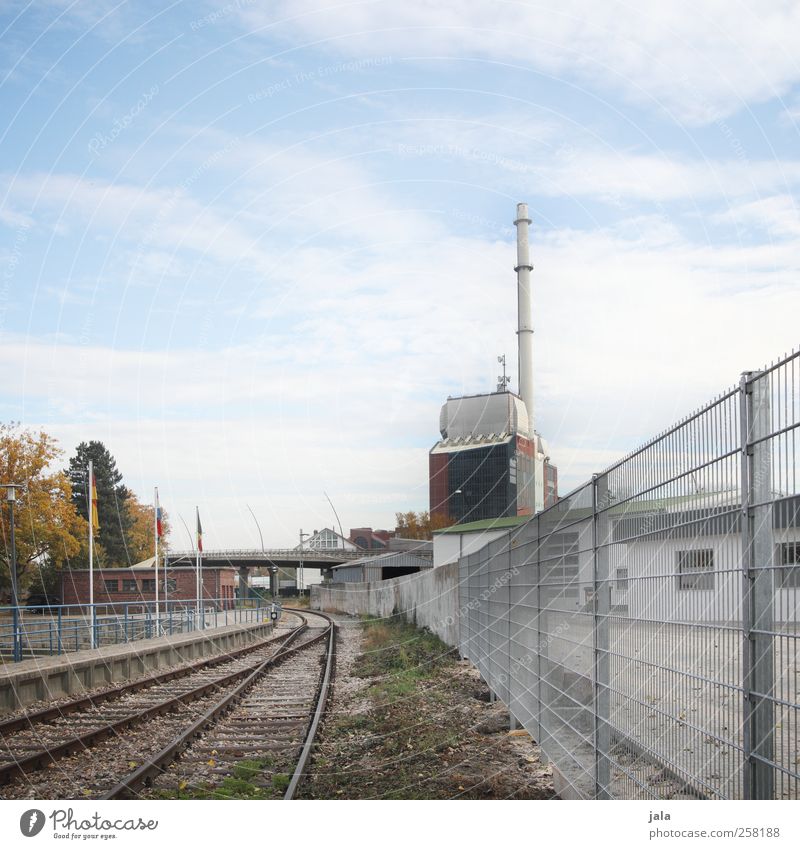 Rhine harbour Sky Autumn Plant Tree Industrial plant Factory Manmade structures Building Architecture Fence Rail transport Railroad tracks Gloomy Town