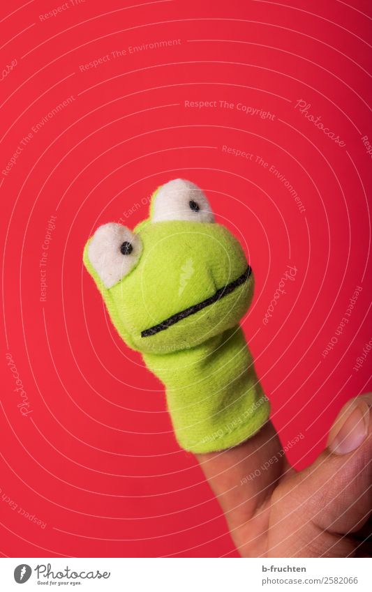 Don't be a frog II Face Eyes Fingers Stage play Actor Puppet theater Doll Cuddly toy Touch To hold on Communicate Playing Brash Green Red Frog Finger puppet