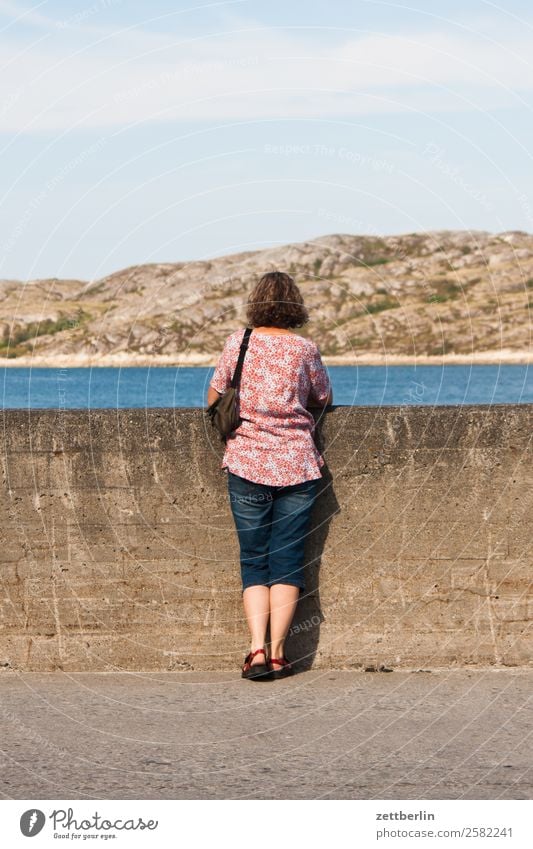 Harbour Bodø Woman Back Rear view Longing Wait Stand Concrete Concrete wall Wall (barrier) Arctic Ocean Europe Rock Vacation & Travel Fjord Sky Heaven Horizon