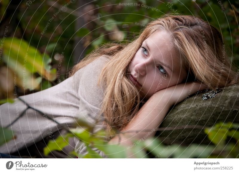 A young lady lies in the woods, quiet and dumb. Relaxation Calm Feminine Young woman Youth (Young adults) 1 Human being Nature Summer Tree Forest Blonde