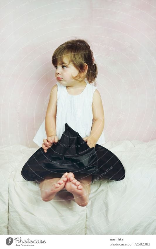 Studio portrait of a little girl Style Carnival Hallowe'en Human being Feminine Child Toddler Girl Infancy 1 1 - 3 years Dress Hat Brunette Blonde Long-haired