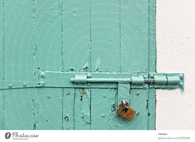 finalized Wall (barrier) Wall (building) Door Green Safety Lock Closed Padlock Locking bar Metal fitting Turquoise Wood Wooden door Captured Break-in