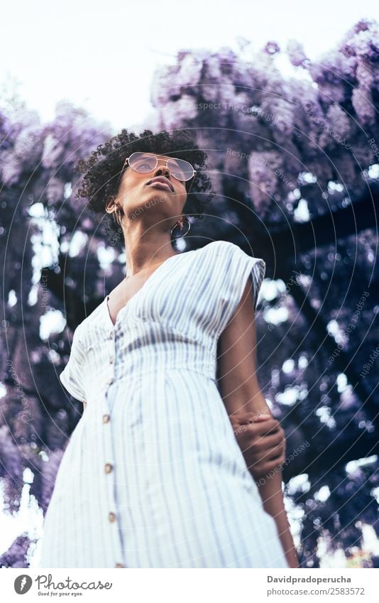 Happy young black woman surrounded by flowers Woman Blossom Spring Lilac Portrait photograph multiethnic Flower Black African Mixed race ethnicity Smiling