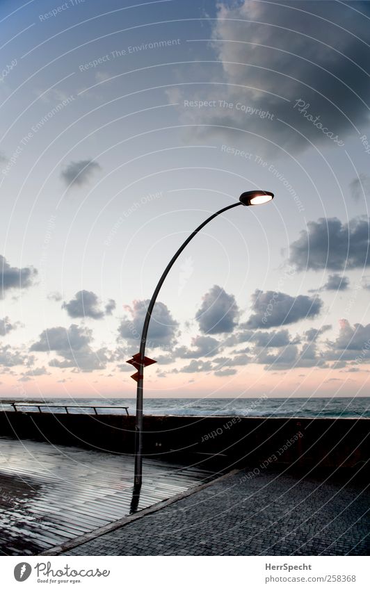 On the boardwalk II Sky Clouds Beautiful weather Coast Ocean Tel Aviv Israel Blue Gray Lantern Dusk Horizon Cumulus Sea promenade White crest Colour photo