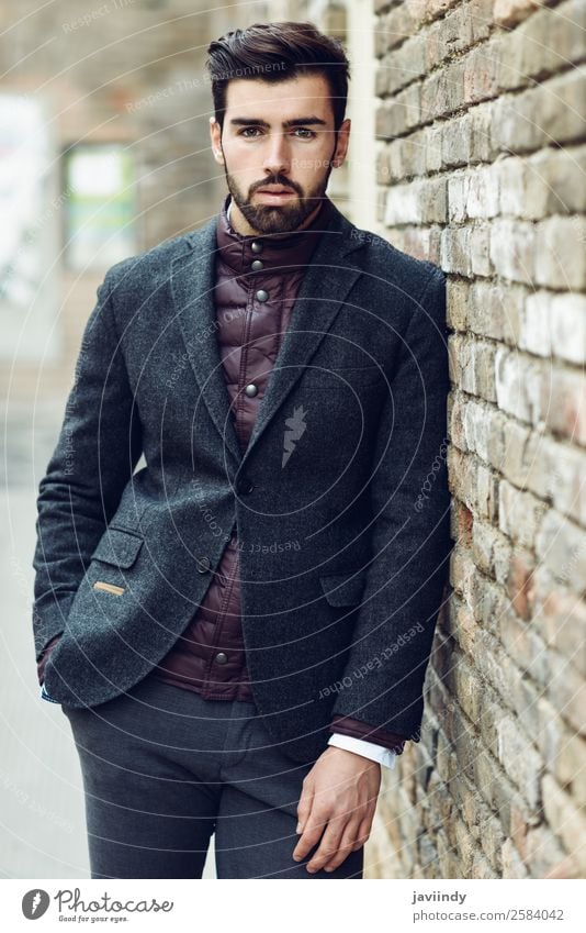 Young bearded man wearing british elegant suit outdoors Lifestyle Elegant Style Beautiful Hair and hairstyles Human being Masculine Young man