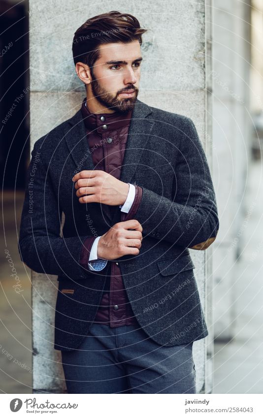 Young bearded man wearing british elegant suit outdoors Lifestyle Elegant Style Beautiful Hair and hairstyles Human being Masculine Young man