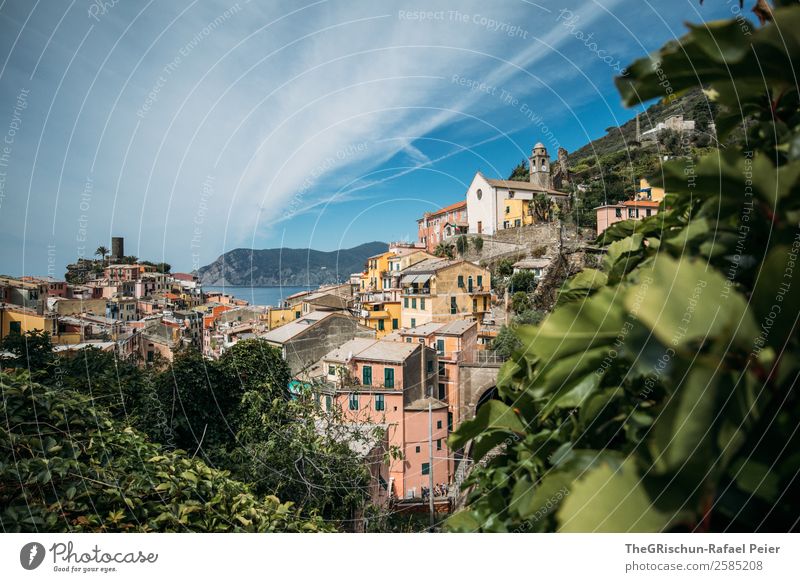 Vernazza (Cinque Terre) Village Fishing village Blue Multicoloured Yellow Green Italy Tourism Plant House (Residential Structure) Clouds Ocean Valued Coast