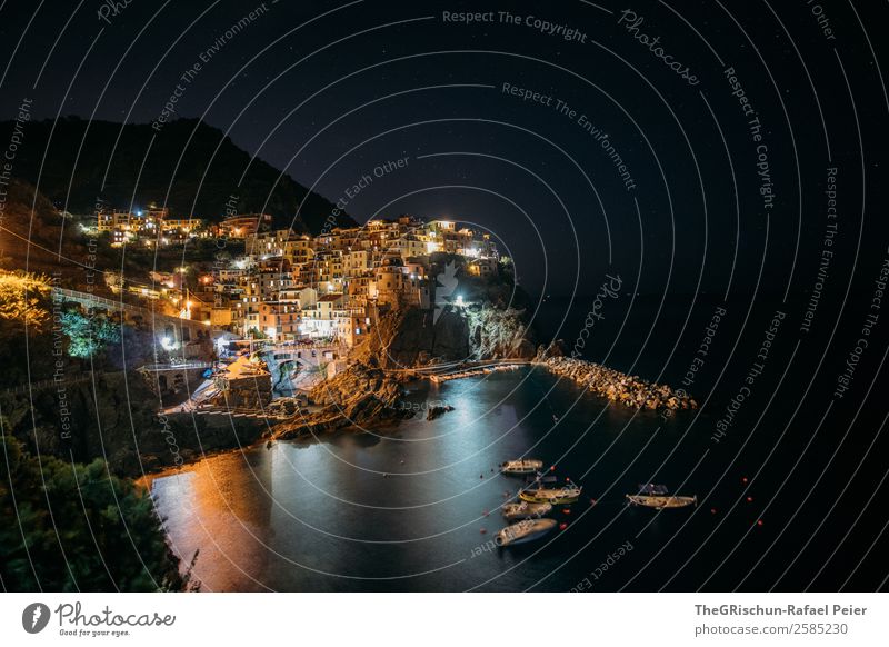 Manarola by night Village Fishing village Yellow Orange Black Contour Ocean Italy Cinque Terre Light Reflection Watercraft Long exposure Calm Night Dark Cliff