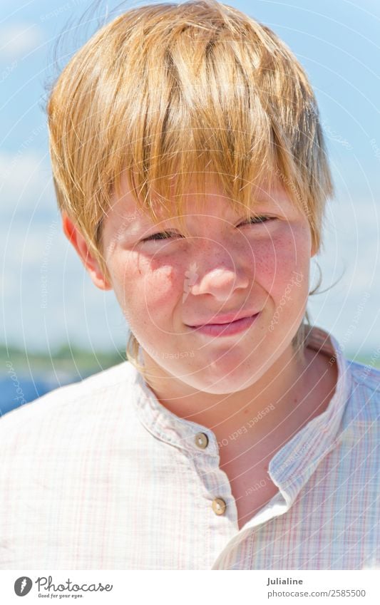 Portrait of serious boy in summer Summer Child Schoolchild Human being Boy (child) Man Adults Infancy Nature Park Shirt Blonde White European kid