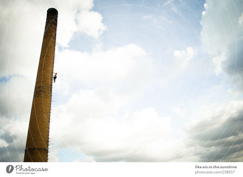 high up Human being Masculine Androgynous Man Adults 1 Clouds Beautiful weather Industrial plant Factory Manmade structures Chimney Self-confident Cool (slang)