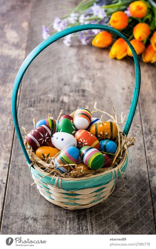 Easter eggs in a basket and tulips on wood Egg Colour Vacation & Travel Feasts & Celebrations Public Holiday Background picture Guest Decoration Festive Spring